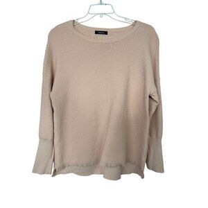 Fashion Beige Ribbed Knit High/Low Sweater L Oversized Crewneck Neutral Travel